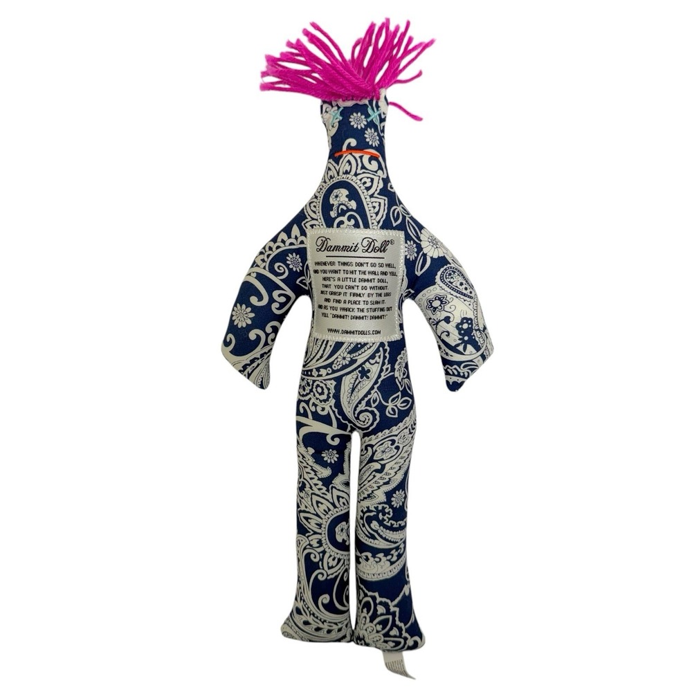 DAMMIT! Doll Stress Relief Gag Gift Blue Paisley Print Pink Hair 12"